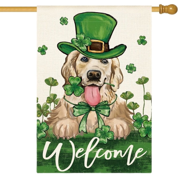 St Patricks Day Green Hat Dog House Flag 28x40 Inch Double Sided, Lucky Shamrock 17 March Welcome Yard Outdoor Flag