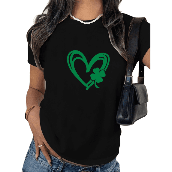 St Patricks Day Green Heart and Shamrock Perfect Graphic Soft Everyday Cotton Tees Shirts Short Sleeve Black S-5XL
