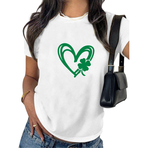 St Patricks Day Green Heart and Shamrock Perfect Graphic Soft Everyday Cotton Tees Shirts Short Sleeve White S-5XL