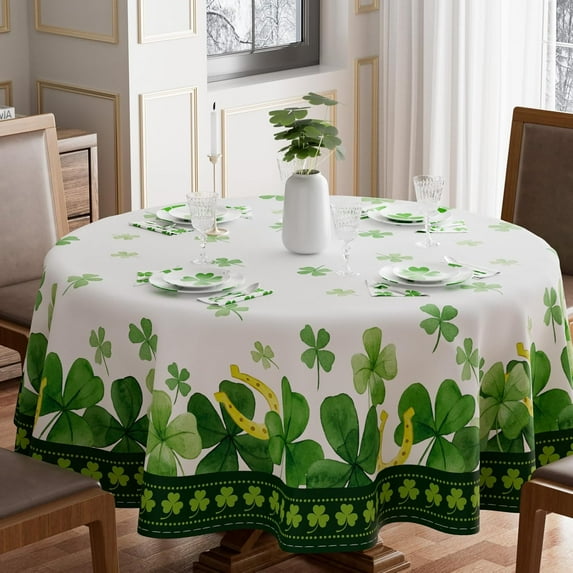 St. Patricks Day Green Shamrock Horseshoes Tablecloth Round Washable Table Covers for Indoor Outdoor Dining Table Home Party Decorations 60x60 Inch