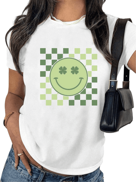 Lucky Green Smiley Face Shamrock Eyes Graphic Tees Print Tshirt White Shirts S-5XL Womens Daily Wear St Patricks Day Tops