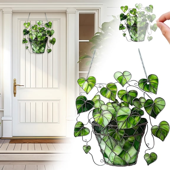 St Patricks Day Hanging Decor, Green Heart Leaf Acrylic Hanging Basket, St Patricks Day Decorations for Front Door Porch Home Office Window Decor, 8'' x 8'' Green