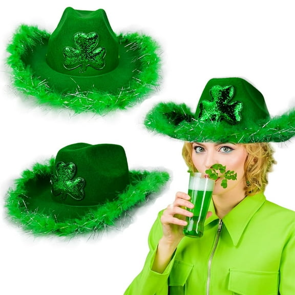 St Patricks Day Hat with Light and Fur, Green Velvet Leprechaun Cowboy Hat, Party Accessory for Adults, Christmas Tree Topper, Festive Irish Celebration Hat