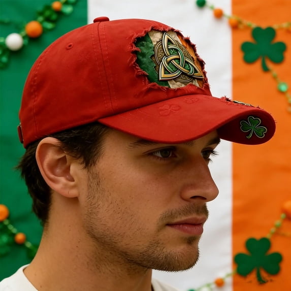 St Patricks Day Hat,Saint Patricks Day Hat,Unisex St. Patrick's Shamrock Art Print Hat Irish Celtic Ireland Baseball Cap,Vintage Shamrock Baseball Cap, Distressed Embroidered Clover Hat(Red)