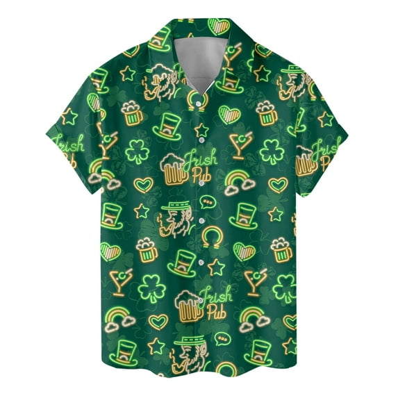 St Patricks Day Hawaiian Shirt For Men Neon St. Patrick's Day Party Mens Hawaiian Shirts Short Sleeve Button Down Shirt Men