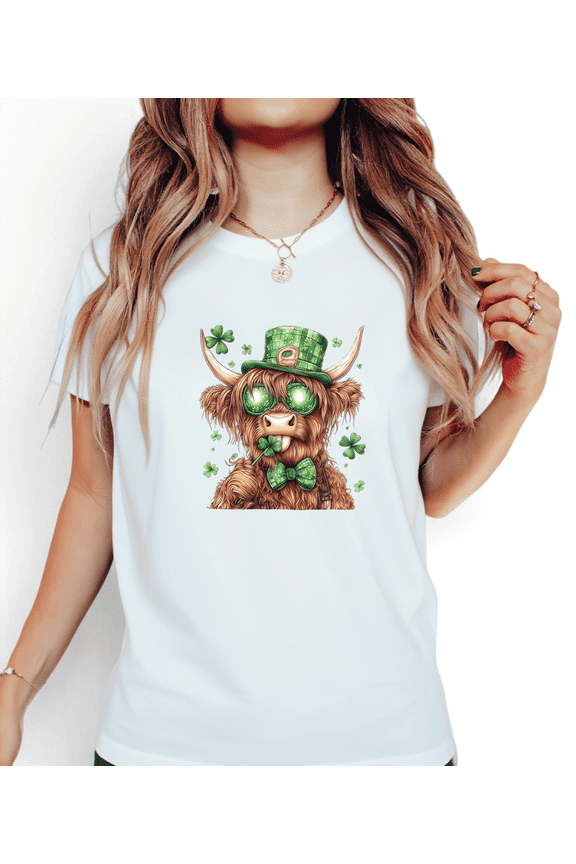 St Patricks Day Highland Cow Shamrock Hat Graphic Versatile All-Occasion Tees Shirts Tops Short Sleeve White S-5XL