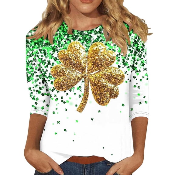St Patricks Day Holiday Shirts 3/4 Sleeve Shirts for Women Spring St. Patrick's Day Printed Long Sleeves Round Neck Casual Tops