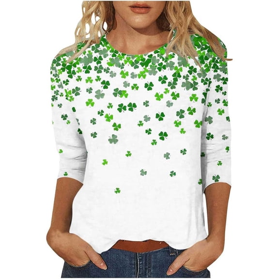 St Patricks Day Holiday Shirts 3/4 Sleeve Shirts for Women Spring St. Patrick's Day Printed Long Sleeves Round Neck Casual Tops