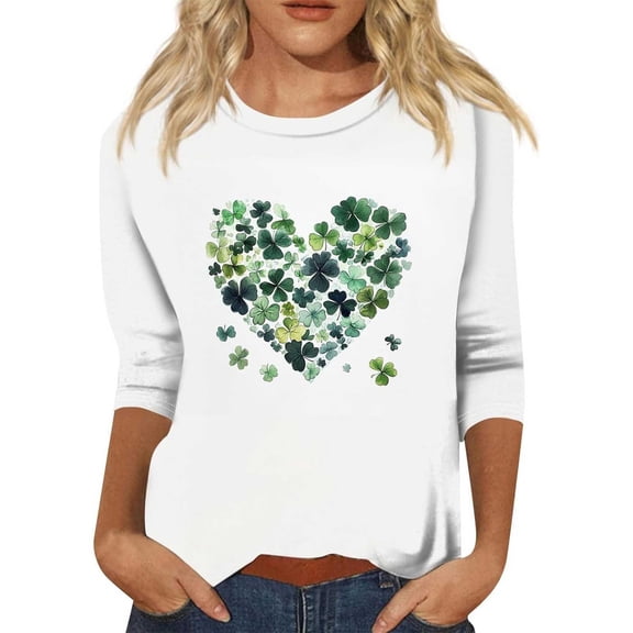 St Patricks Day Holiday Shirts 3/4 Sleeve Shirts for Women Spring St. Patrick's Day Printed Long Sleeves Round Neck Casual Tops