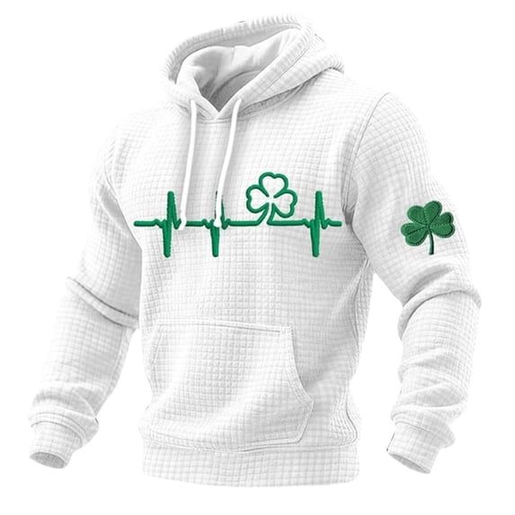 St Patricks Day Hoodies for Men Irish Shamrock Casual Clover Graphic Waffle Knit Pullover Shirt Holiday Outfit White L