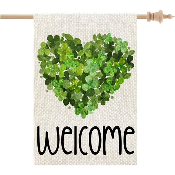 St Patricks Day House Flag 28x40 Inch Double Sided Large Burlap for Outside Welcome Green Shamrocks Clovers Heart Holiday Yard Flag CF735-40