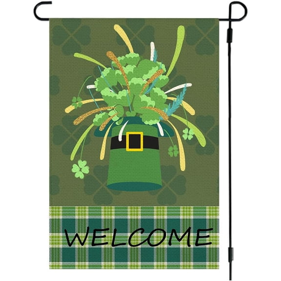 St Patricks Day House Flag 28x40 Inch Double Sided, Outdoor Saint Patrick''s Farmhouse Decorations, Shamrock Top Hat Large Garden Flag for Outside Green13-28