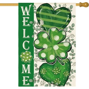 St Patricks Day House Flag 28x40 Inch Double Sided Outside, Shamrocks Clovers Hearts Welcome Yard Outdoor Decoration