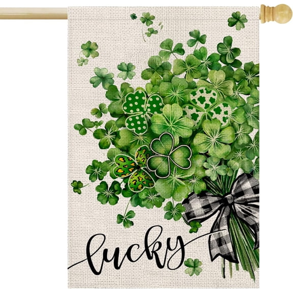 St Patricks Day House Flag Lucky Clovers Shamrocks Floral Bow 28x40 Inch Double Sided Large Burlap Outside Yard Holiday Flag