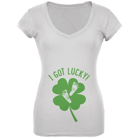 St. Patricks Day I Got Lucky Baby Feet Footprint Juniors V-Neck T Shirt White LG