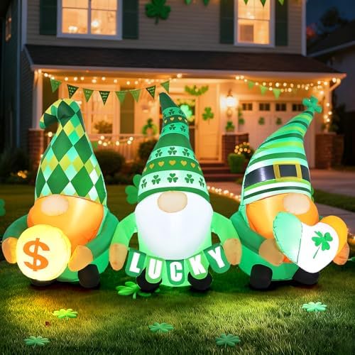 St Patricks Day Inflatables Outdoor Decorations, 6.4 FT Long St. Patrick's Gnomes Inflatable Decoration with LED Lights, Lucky Leprechaun Green Irish Blow Up Decor for Holiday Lawn Yard Garden Indoor