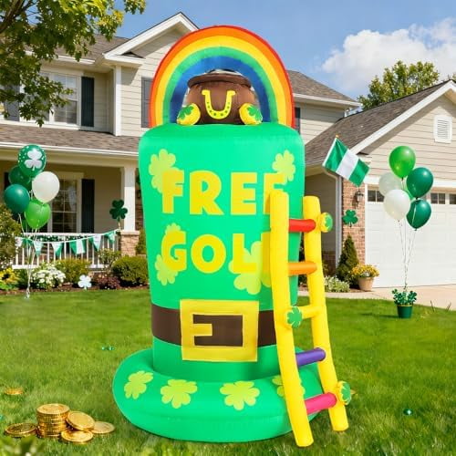 St Patricks Day Inflatables Outdoor Decorations, 6FT Inflatable Leprechaun Trap with Hat, Rainbow, Gold Pot & Ladder, St Patrick's Day Catch A Leprechaun Blow Up Yard Decor for Indoor Garden Lawn