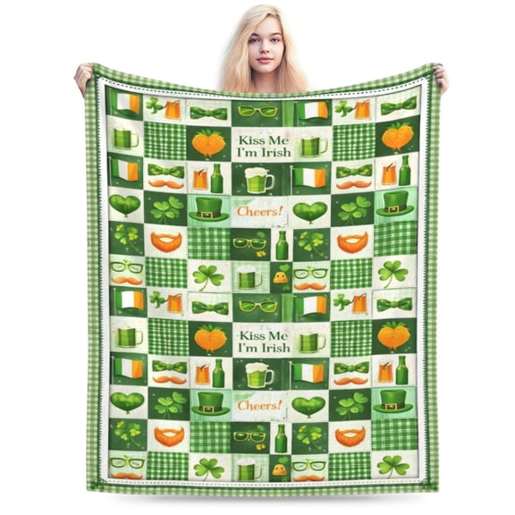 St Patricks Day Irish Blanket Lucky Shamrock Clover Pattern Blanket Irish Holiday Cheers Design Blanket Festive Green Cozy Throw Blanket Home Decor 50x40