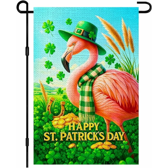 St Patricks Day Irish Flamingo Garden Flag 12x18 Inch Pink Flamingo Wearing Green Hat Bandana Gold Coins Pot of Gold Shamrocks Horseshoe Irish Lucky Clover Double Sided Burlap Small Yard Flag Seasona