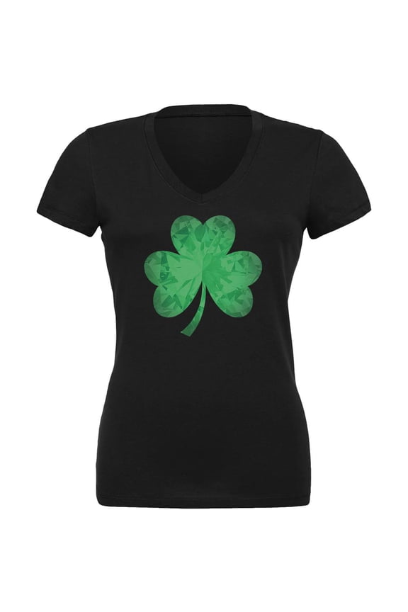 St. Patricks Day Jeweled Shamrock Juniors V-Neck T Shirt Black 2XL