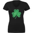 thumbnail image 1 of St. Patricks Day Jeweled Shamrock Juniors V-Neck T Shirt Black LG, 1 of 1