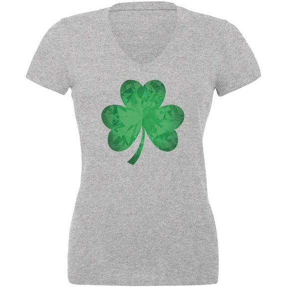St. Patricks Day Jeweled Shamrock Juniors V-Neck T Shirt Heather MD