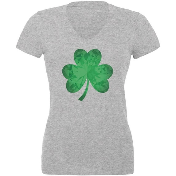 St. Patricks Day Jeweled Shamrock Juniors V-Neck T Shirt Heather SM