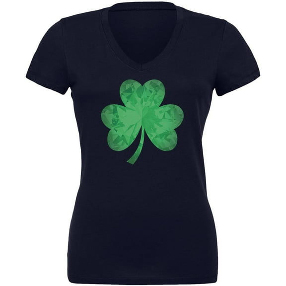 St. Patricks Day Jeweled Shamrock Juniors V-Neck T Shirt Navy 2XL