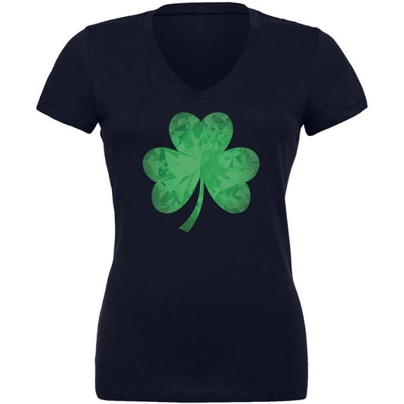 St. Patricks Day Jeweled Shamrock Juniors V-Neck T Shirt Navy X-LG