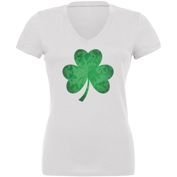 St. Patricks Day Jeweled Shamrock Juniors V-Neck T Shirt White SM