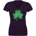 thumbnail image 1 of St. Patricks Day Jeweled Shamrock Juniors V-Neck T Shirt, 1 of 1