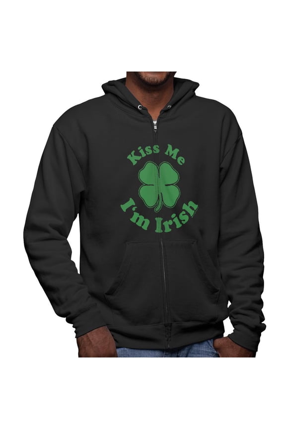 St. Patricks Day Kiss Me Im Irish Mens Full Zip Hoodie Black SM