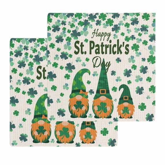 St Patricks Day Kitchen Dish Towels for Drying Dishes Set of 2, Green Shamrock Spring Watercolor Gnomes Beige Waffle Weave Microfiber Hand Tea Bathroom Towels Quick Dry & Absorbent Towel 12x12
