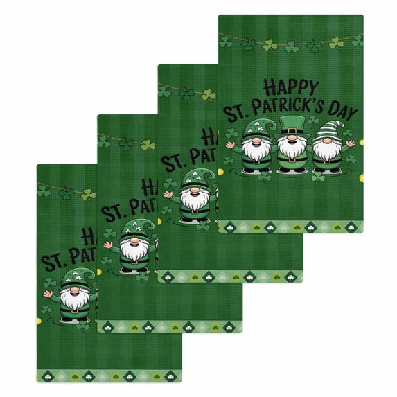 St Patricks Day Kitchen Dish Towels for Drying Dishes Set of 4, Gnomes Green Shamrock Spring Gold Coin Striped Waffle Weave Microfiber Hand Tea Bathroom Towels Quick Dry & Absorbent Towel 15.7x23.6