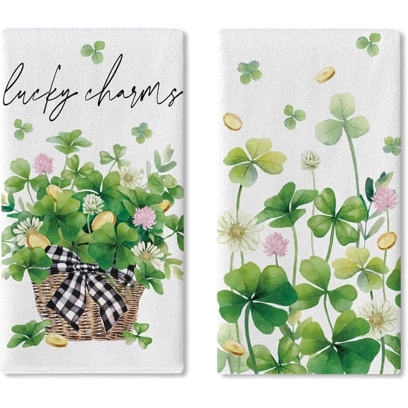 St Patricks Day Kitchen Dish Towels Set of 2, Lucky Charms Shamrock Clover Floral Basket Drying Hand Towel Baking Cooking Cloth, Irish Spring Gold Coins Bathroom Home Decoration 18'' x 26''
