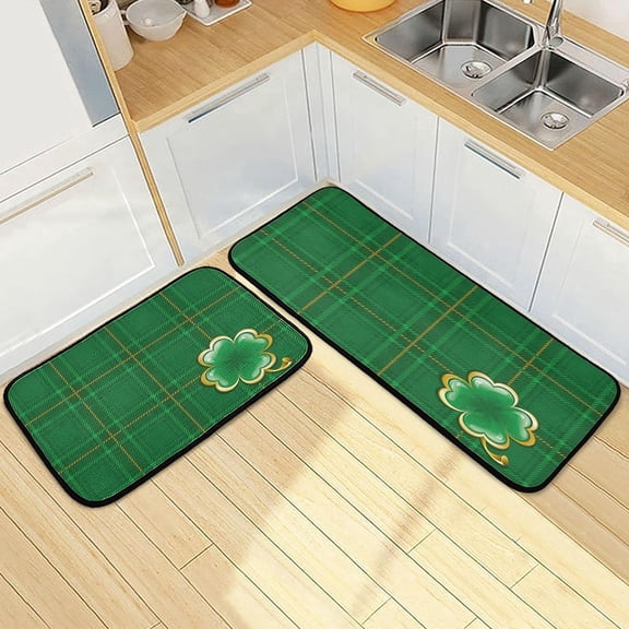 St Patricks Day Kitchen Mat Set of 2 Happy Green Plaid Shamrocks Rug Comfort Floor Runner Anti Fatigue Non Slid Cushioned Kitchen Carpet Rug for Living Room Laundry Hallway Home Decor