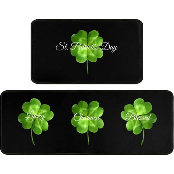 St. Patricks Day Kitchen Rug Set,Irish Shamrock St Patrick Gnomes Pattern Runner Rugs with rubber dot Backing,Throw Rugs Washable for Kitchen Sink,Laundry Room,Standing Desk,Spring Rugs,Green