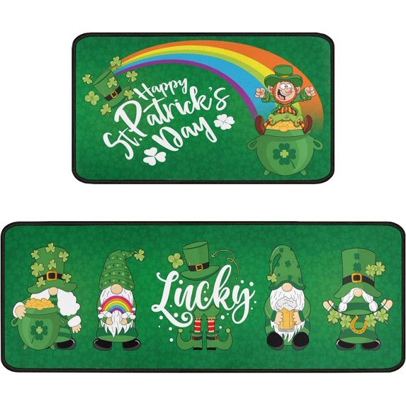 St Patricks Day Kitchen Rugs Mat Set of 2 St Patricks Day Rug Green Shamrock Gnomes Non-Slip Washable Kitchen Floor Mats for Sink Home Decor