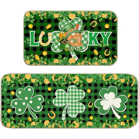St Patricks Day Kitchen Rugs Saint Patricks Day Gnome Kitchen Mats for Floor, Shamrock Kitchen Rugs and Mats Non Skid Washable Set of 2, Leprechaun Kitchen Decor 17x29 and 17x47 Inch