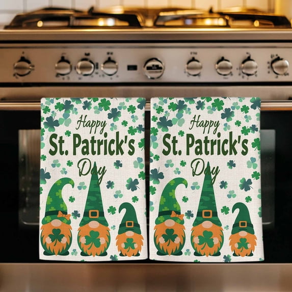St Patricks Day Kitchen Towels Set of 1, Green Shamrock Spring Watercolor Gnomes Beige Absorbent Dish Towels for Kitchen, Microfiber Hand Towel, Quick Drying Tea Towel for Cleaning Dishcloths