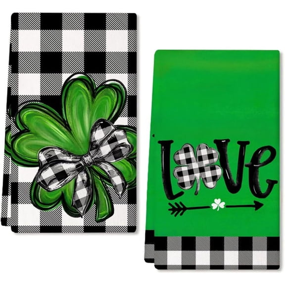 St Patricks Day Kitchen Towels Set of 2,Black Buffalo Plaid Shamrock Bowknot St. Patrick''s Day Dish Towels 18x26 Inch Drying Dishcloth,Farmhouse Home Holiday Decorations AD200