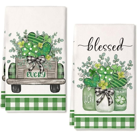 St Patricks Day Kitchen Towels Set of 2,Green Shamrock Truck Dish Hand Towels Seasonal Holiday St Patty''s Day Decorations