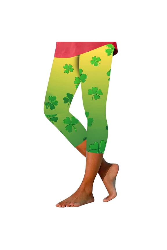 St Patricks Day Leggings for Women Casual Summer Capris Elastic Waist Stretch Yoga Pants Shamrock Print Leggings Compression Pants