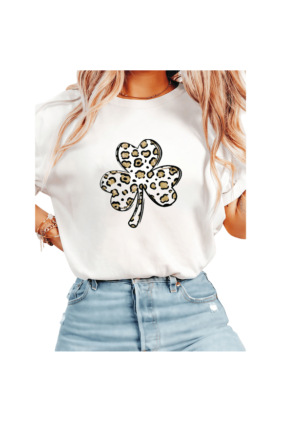St Patricks Day Leopard Shamrock Graphic Tees Print Tshirt White Shirts S-5XL Casual Womens Holiday Tops