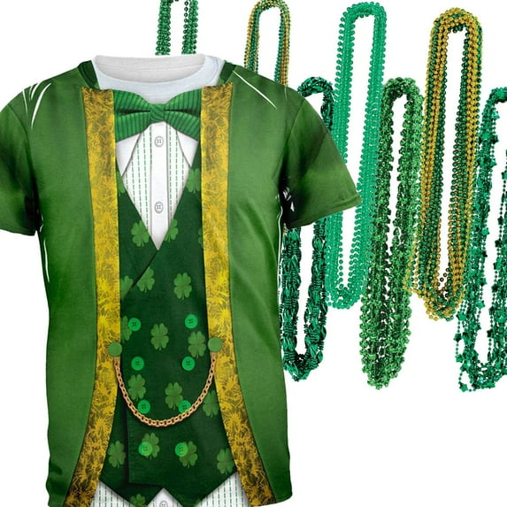 St. Patricks Day Leprechaun Costume All Over Adult T-Shirt and Bead Necklace Combo