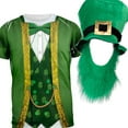thumbnail image 1 of St. Patricks Day Leprechaun Costume All Over Adult T-Shirt and Hat with Beard Combo, 1 of 4