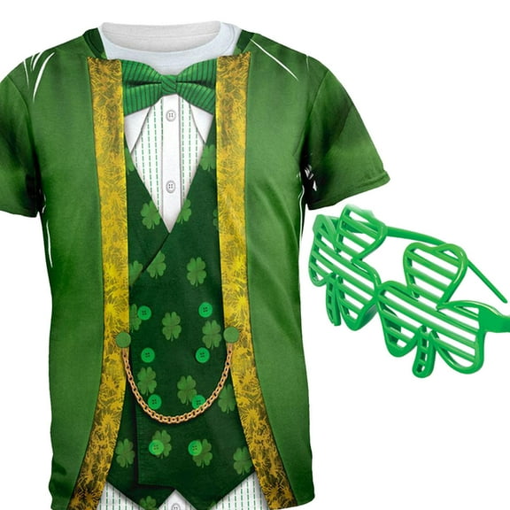 St. Patricks Day Leprechaun Costume All Over Adult T-Shirt and Shamrock Glasses Combo