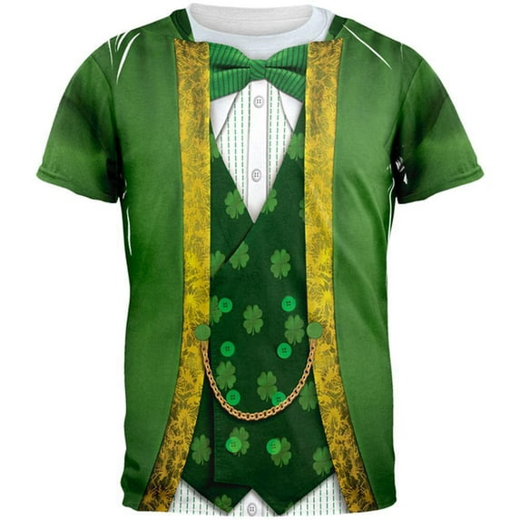 St. Patricks Day Leprechaun Costume All Over Adult T-Shirt with Shamrock Medallion Bottle Opener Combo