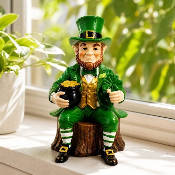 St Patricks Day Leprechaun Figurine, Sitting Resin Gnome Statue Holding Gold Pot for Mantel, Shelf, Tabletop, Countertop and Indoor Irish Holiday Decor, 4.92 Inch
