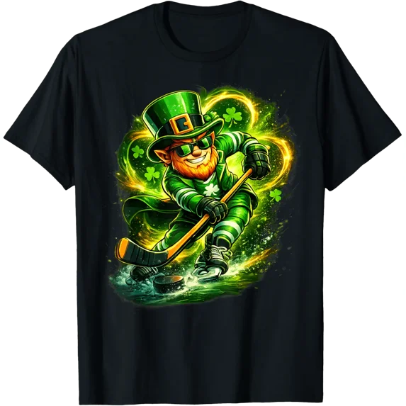 St Patricks Day Leprechaun Playing Hockey Sport Men Boys T-Shirt All Size S-5Xl